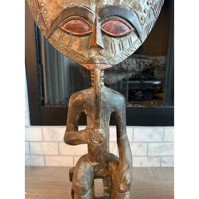 Monumental Hand-Carved West African Figural Sculptures With Cowrie & Textile Masks — Pair For Sale - Image 12 of 15