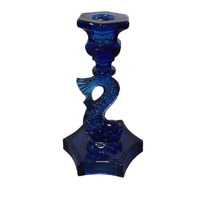 Lovely vintage cobalt blue glass candlestick by L.E. Smith, featuring a beautifully sculpted figural fish form—resembling...