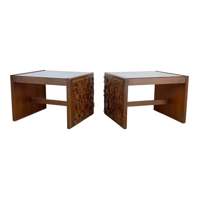 Pair of Vintage Brutalist End Tables With Glass Tops For Sale