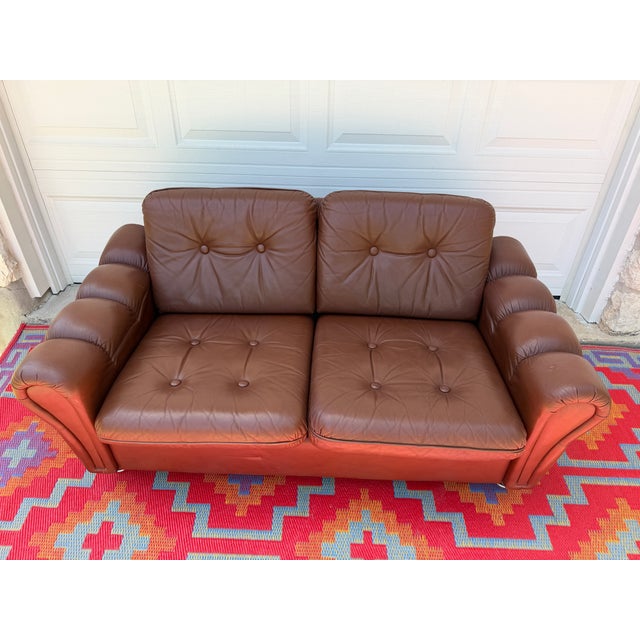 Animal Skin Vintage Danish Brown Leather Tufted Sofa / 2 Seater Lounge / Loveseat For Sale - Image 7 of 8