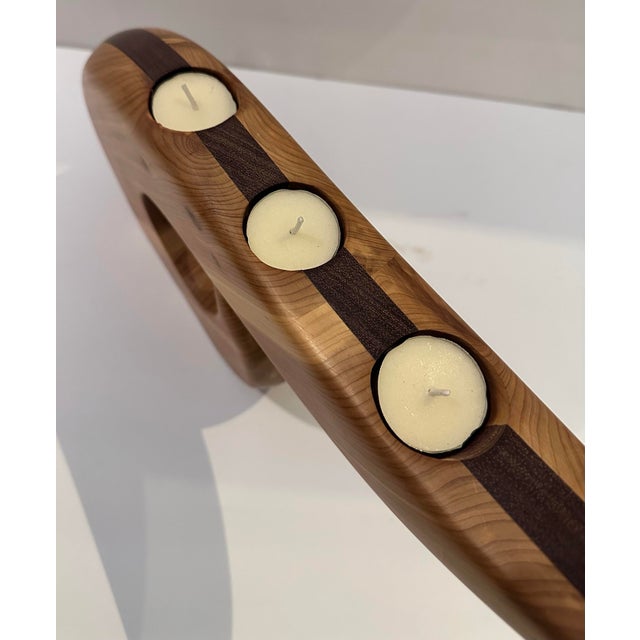 1990s Two-Tone Wood Carved Tea Light Candle Holder For Sale - Image 5 of 9