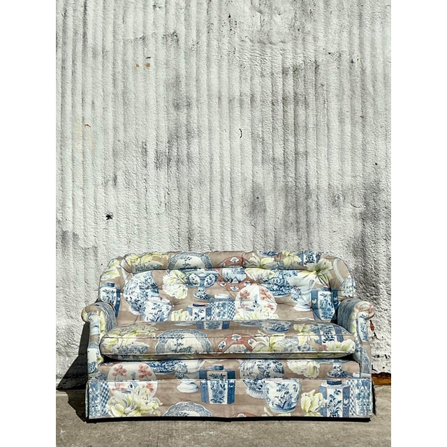 Vintage Regency Blue and White Vase Printed Loveseat For Sale - Image 4 of 11