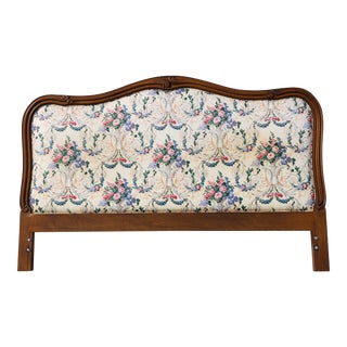 Vintage French Style Oak Wood Frame W Floral Pattern Upholstered Kingsize Headboard For Sale