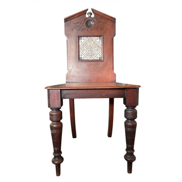 1950s Late 19th-Century Victorian Aesthetic Movement Walnut Hall Chair With Inset Tazza Tile For Sale - Image 5 of 10