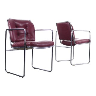 Mid Century Modern Lounge Chairs in Tubular Chrome and Rich Oxblood Faux Leather - a Pair For Sale