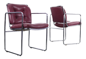 Mid Century Modern Lounge Chairs in Tubular Chrome and Rich Oxblood Faux Leather - a Pair