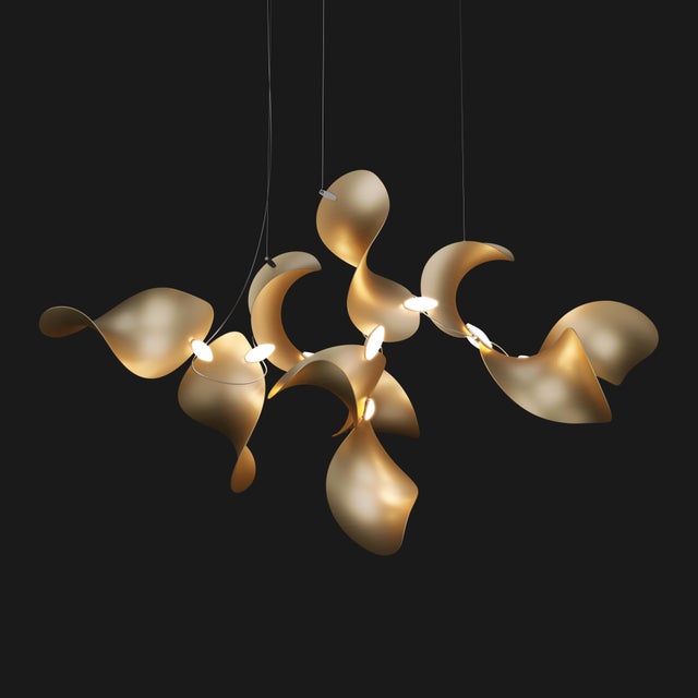 Dune 10 Cluster Chandelier with Shades in Gold Metallic Tone by Daniel Becker for Moss Objects For Sale - Image 6 of 8