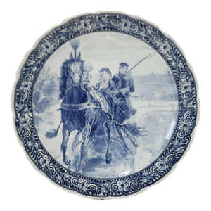 Mid 20th Century Delft Vintage Platter Winter Sleigh Scene Blue White