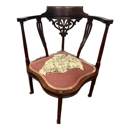 1920s Antique Corner Chair With Charming Cat Needlepoint Seat For Sale