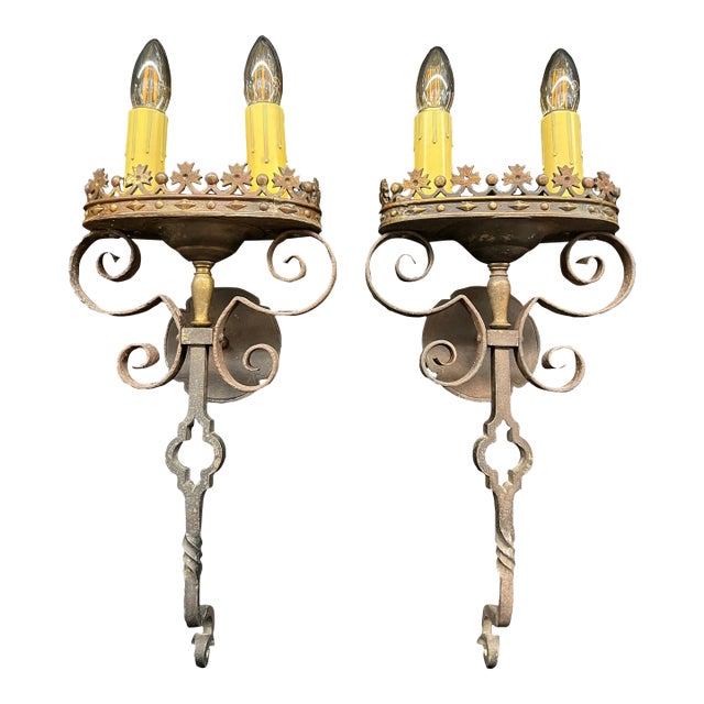 Spanish Revival 1920's Interior Sconces With Crown Detailing -A Pair For Sale