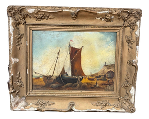 Coastal Fishing Boats with Figures, 19th Century, Oil Painting, Framed