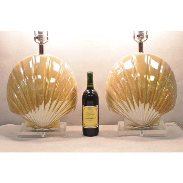 Late 20th Century Mid Century Modern Iridescent Gold Ceramic Pottery Clam Shell Table Lamp - Pair For Sale - Image 14 of 15