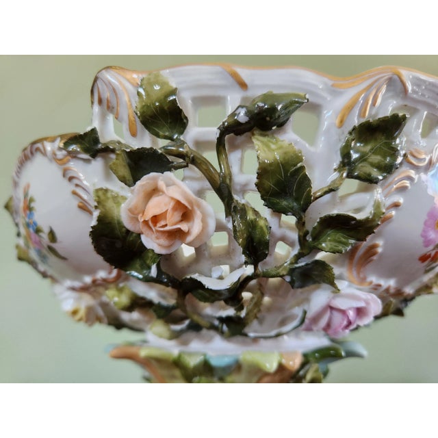 Antique Late 19th Century Thuringian Pedestal Fruit Bowl, Reticulated With Raised Flowers For Sale - Image 4 of 13