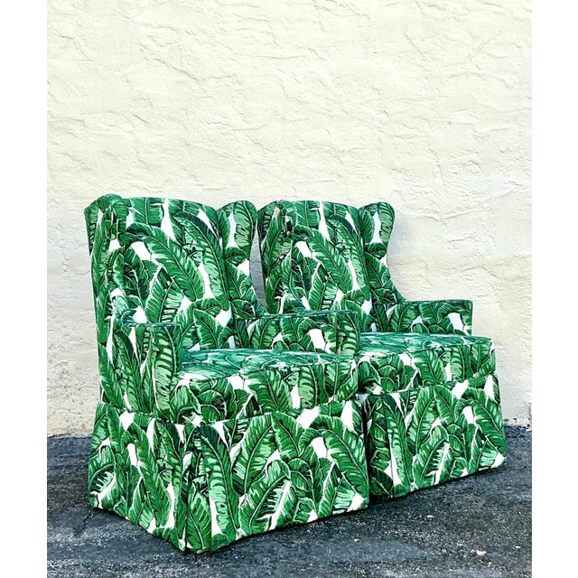 Vintage Coastal Palm Frond Skirted Wingback Chairs - a Pair For Sale - Image 16 of 18
