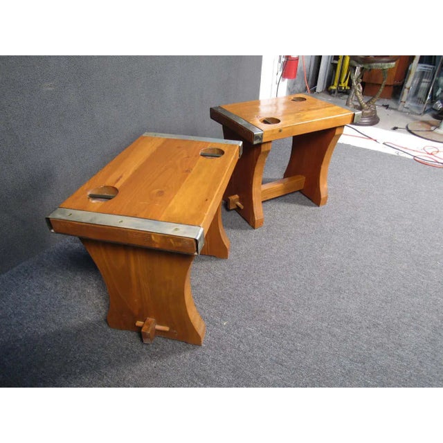 Pair of sturdy mid-century, rustic side tables. Made out of solid Oak. (Please confirm item location - NY or NJ - with...
