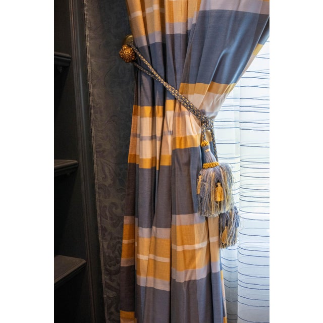 Textile Custom High Quality Blue & Gold Window Drapes For Sale - Image 7 of 8