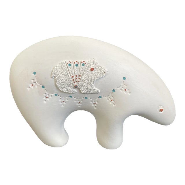 Late 20th Century Acoma Pottery Whiteware Etched & Cut Out Spirit Bear by Elliott & Zelda Garcia For Sale