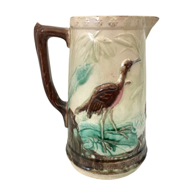 Antique England Majolica Pitcher Crane Stork & Lily Pad Aesthetic Style #36 For Sale - Image 4 of 8