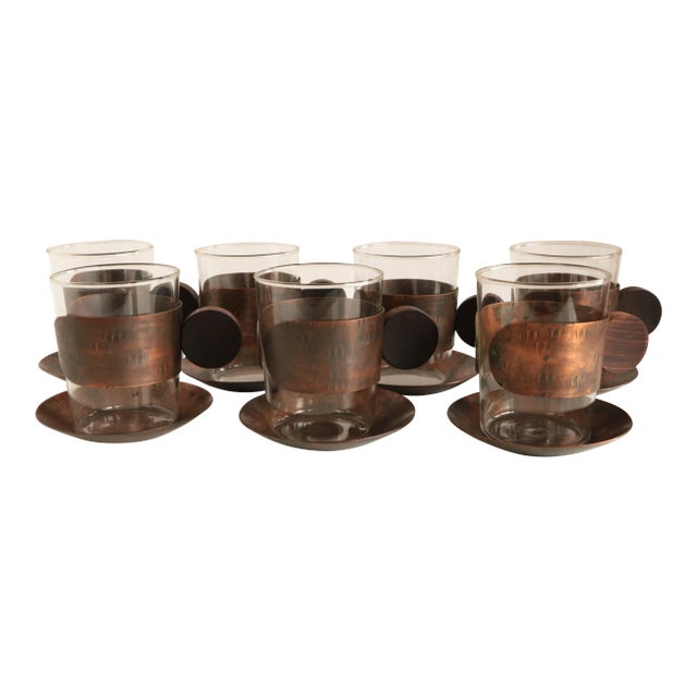 Schaefer Copper & Rosewood Cups and Saucers - Set of 7 For Sale