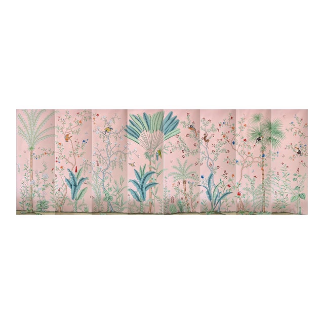 Pink Palm Tree Chinoiserie Murals Hand Painted Wallpapers - 8 Panels For Sale