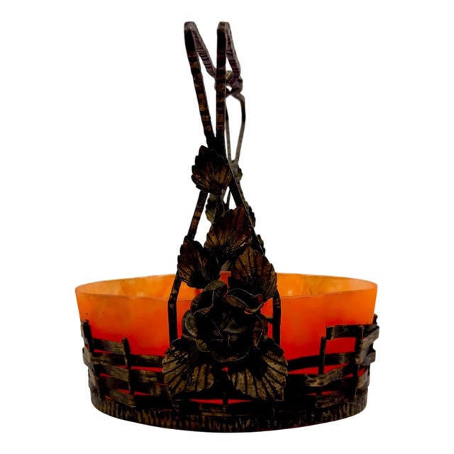 Lunéville Artistic Glass Bowl with Metal Handle and Floral Decoration by Muller Frères, 1930 For Sale