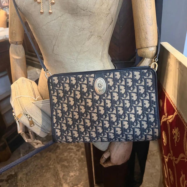 1980s Vintage Trotter Blue Canvas and Blue Leather Christian Dior Crossbody Bag For Sale - Image 12 of 17