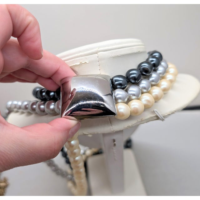 Vintage 1980s Signed Les Bernard 3-Strand Faux-Pearl Necklace For Sale In Philadelphia - Image 6 of 11