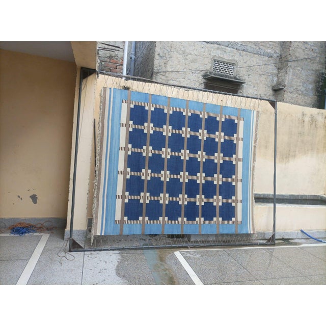 Handmade Cotton Geometric Area Rug, Sky Blue, Cream, Beige and Tan Dhurrie-88"x132" For Sale - Image 10 of 14