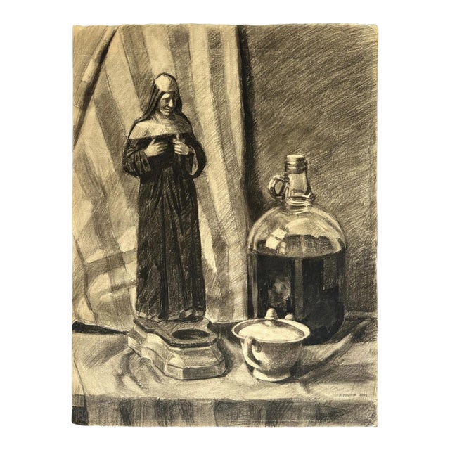 Vintage Realist Still Life With Jug and Nun Candle Holder Charcoal Sketch, Signed (1949, Charcoal on Wove Paper) For Sale