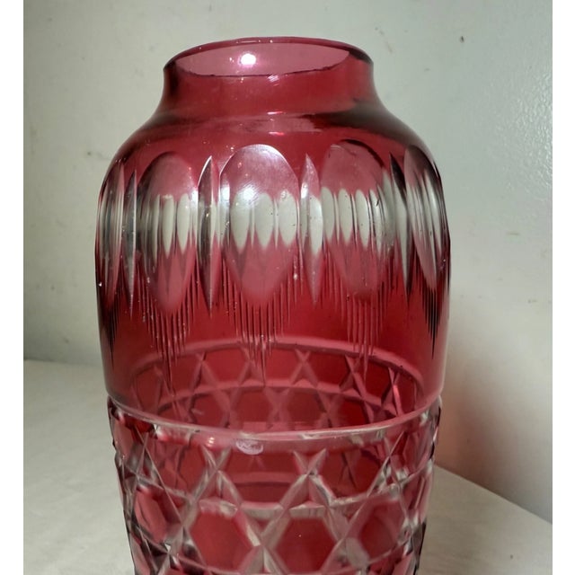 Vintage Handmade Red Cranberry Czech Cut to Clear Crystal Glass Ornate Vase For Sale In New York - Image 6 of 8