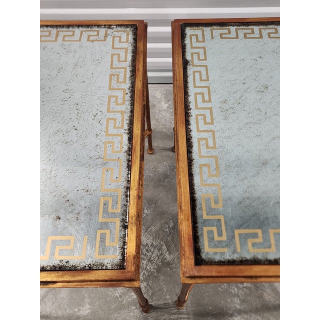 Copper Eglomise Silver & Gold Leaf Greek Key Motif Hollywood Regency Style Gilded Wrought Iron Side Tables - A Pair For Sale - Image 8 of 15