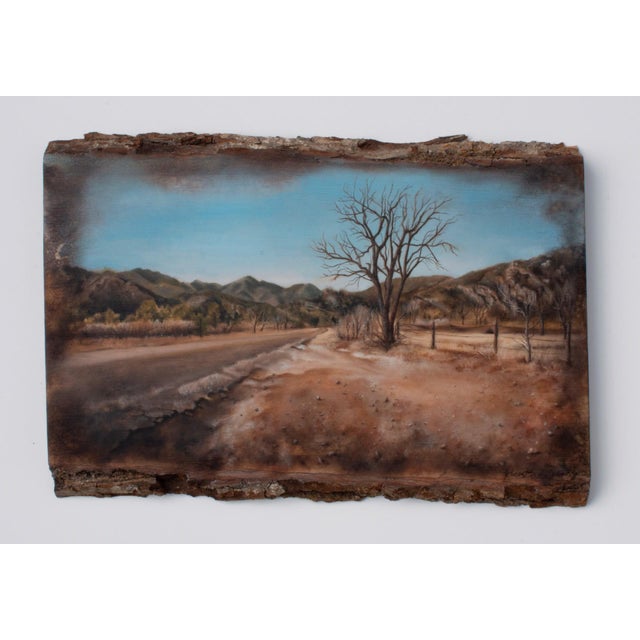 Rock Creek, Canyon Road by Kierstin Young | Oil on wood Landscape with mountains and a barren tree For Sale