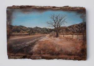 Rock Creek, Canyon Road by Kierstin Young | Oil on wood Landscape with mountains and a barren tree