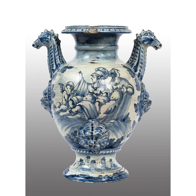 Ceramic Antique Stagnone Vase in Glazed Majolica with Double-Handled Sides, 1700s For Sale - Image 7 of 7