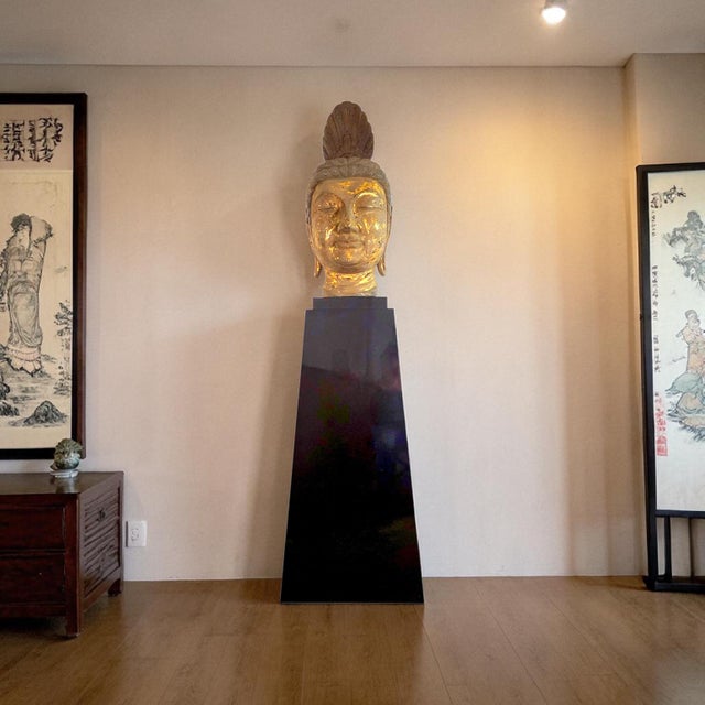 Asian Monumental Thai-Style Buddha Head Sculpture on Lacquered Pedestal, 80"h For Sale - Image 3 of 13