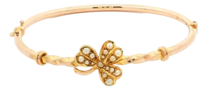 Late 19th Century Victorian 14k Yellow Gold Clover Hinged Bracelet With Seed Pearls