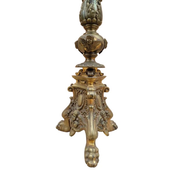 Art Nouveau Antique Tall Ornate Cherub Bronze Church Candle Holder For Sale - Image 3 of 5