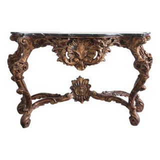 19th Century Italian Baroque Carved Giltwood Console With Black Marble Top For Sale