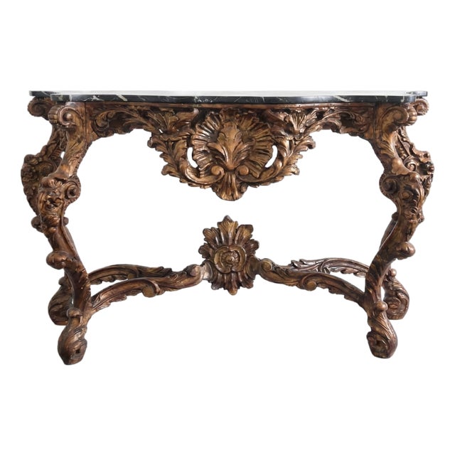 19th Century Italian Baroque Carved Giltwood Console With Black Marble Top For Sale