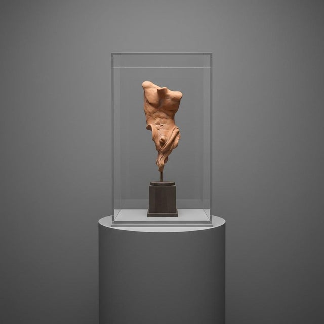 Signed original clay figurative sculpture by contemporary American artist Campbell G. Paxton, titled "Attentive Seated...