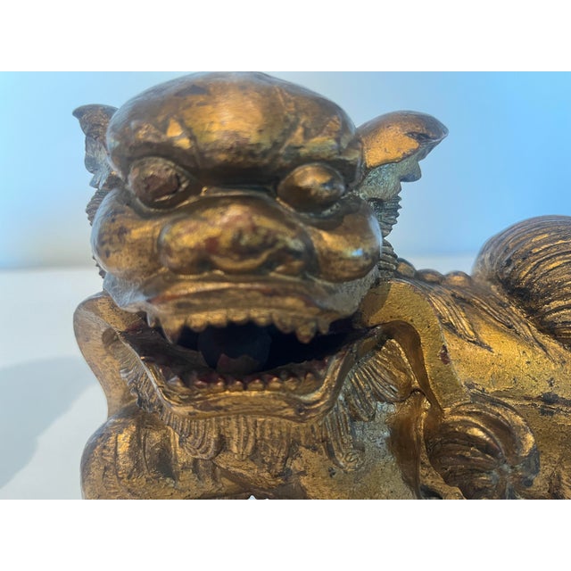 Gold Pair Late 19th Century Chinese Carved Giltwood Male & Female Guardian Foo Dogs With Cub Attached to Female For Sale - Image 8 of 12
