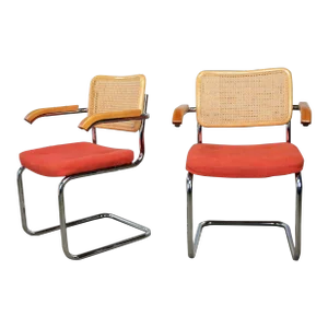 1980’s Bauhaus Pair Chromecraft Armchairs Style of Cesca Chairs by Marcel Breuer Cane Backs & Chrome Cantilever Bases