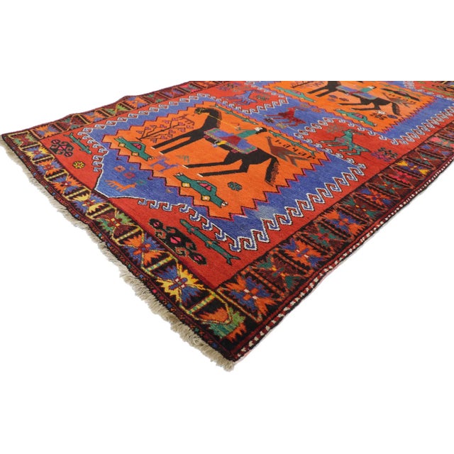 77620 Vintage Persian Gharabagh Pictorial Rug 04'05 x 07'04. With its geometric pattern, bold form and vibrant colors,...