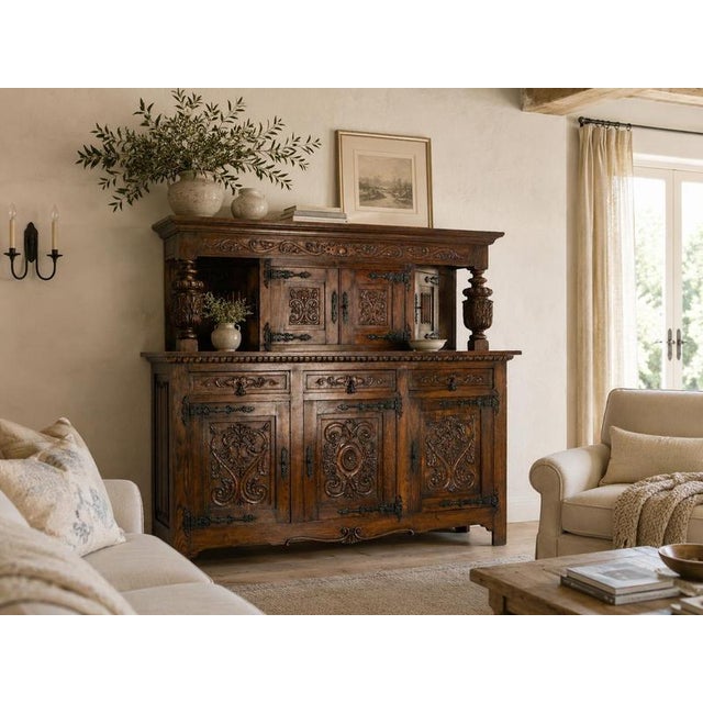 Two-section, stepped sideboard in carved oak, Spanish style, 1960s Spanish-style oak sideboard from the 1960s, featuring...