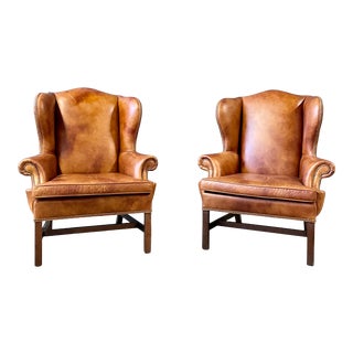 Vintage Cognac Leather Wing Back Chairs For Sale