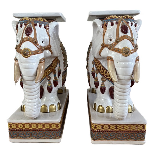 Pair of Vintage Wen Hing Ceramics Taiwanese Elephant Garden Stools / Pedestals For Sale
