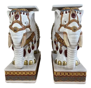 Pair of Vintage Wen Hing Ceramics Taiwanese Elephant Garden Stools / Pedestals