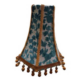 Designer Covington Teal Bunny Velvet Lamp Shade Tapered Drum With Brown Beaded Fringe For Sale