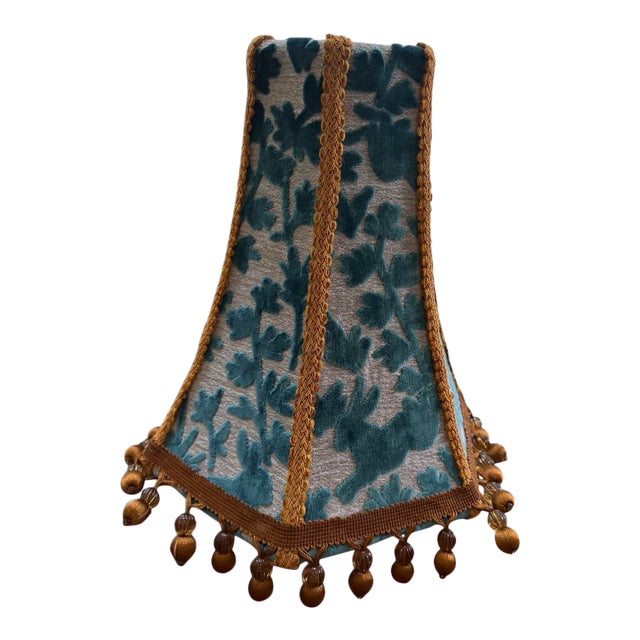 Designer Covington Teal Bunny Velvet Lamp Shade Tapered Drum With Brown Beaded Fringe That Glows For Sale
