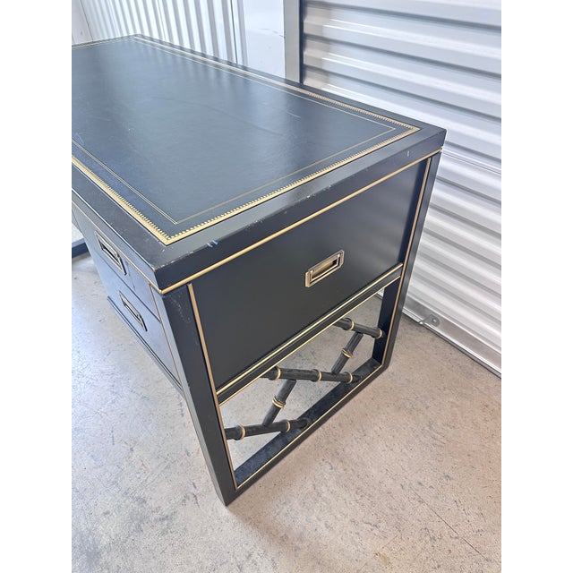 Sligh-Lowry Furniture Co. Vintage Sligh Furniture Black Lacquer Campaign Desk With Gold-Tooled Leather Top & Faux Bamboo Base For Sale - Image 4 of 15